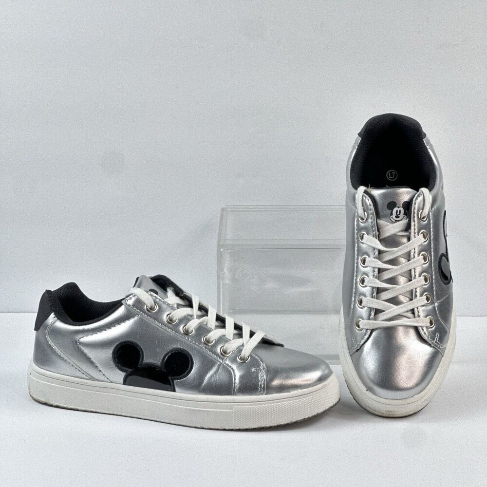 Disney Mickey Mouse Sneakers Shoes Womens Size 7 Silver Black Lace Up Tie Casual